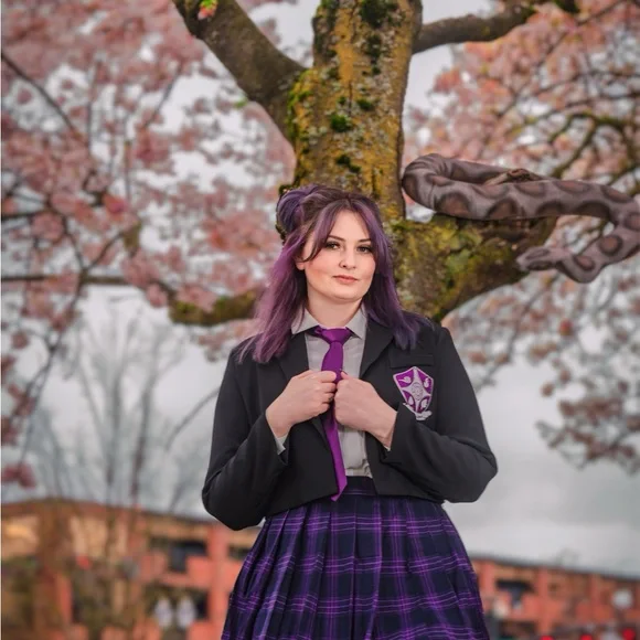 Purple Plaid Skirt and Black Blazer with Tie - Picture 1 of 3